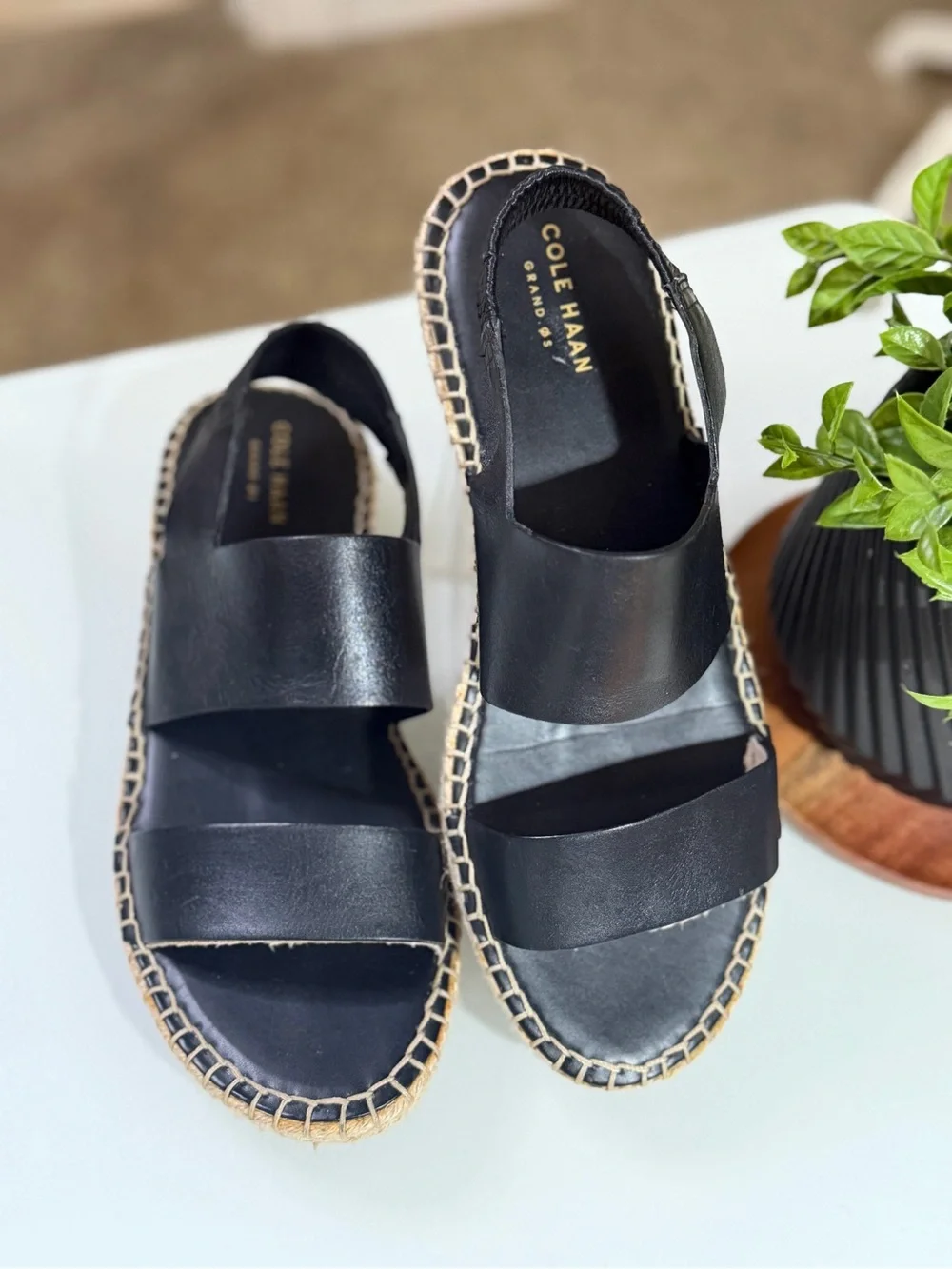 Cole Haan Cloudfeel Tilden Espadrille Sandals Black Leather Size 8